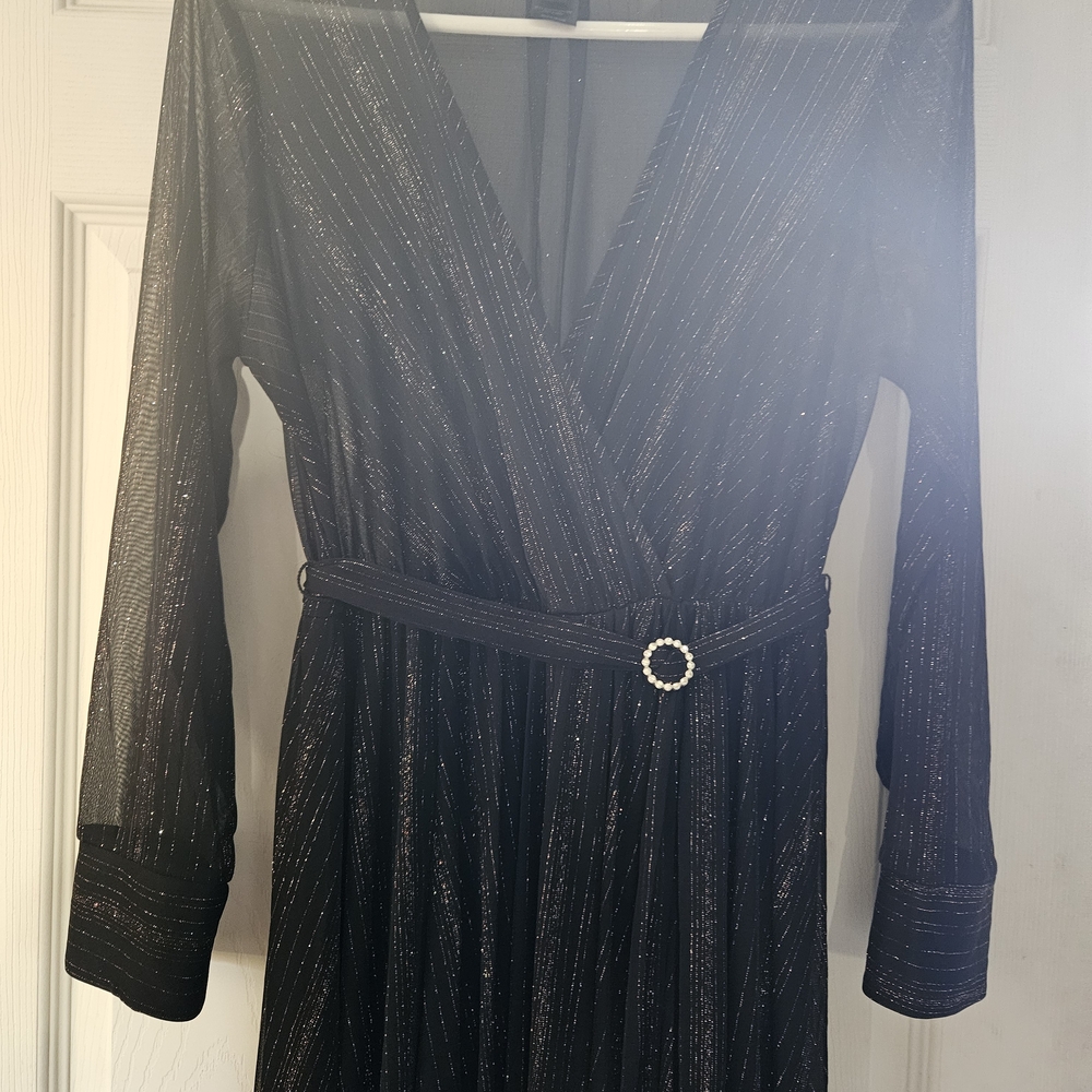 Black Long Sleeve Wrap Gown with Silver Details